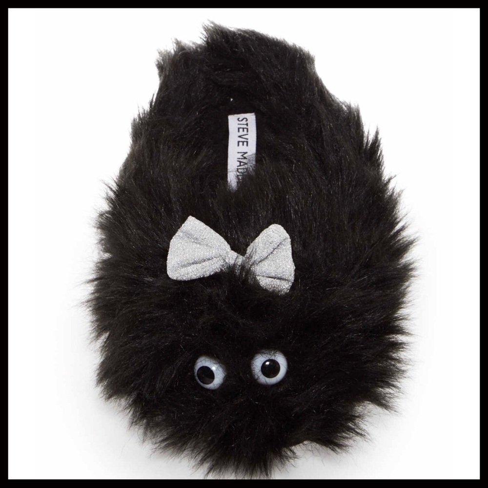 STEVE MADDEN COZY PLUSH BLACK WINTER SLIPPERS FAUX FUR METALLIC SILVER BOWS - Picture 3 of 7